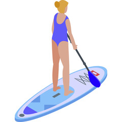 Pixel Art Woman In Blue Swimsuit Standing On Paddleboard Holding Paddle With Water Graphics And Red Square Graphic On Board And Transparent Background