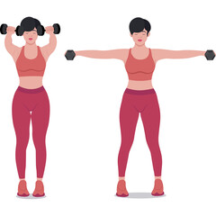 Pixel Art Woman Performing Dumbbell Shoulder Raises and Lateral Raises Exercise in Red Sportswear Isolated on White Background