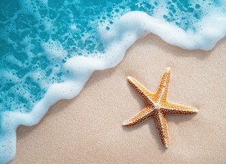 Gentle wave washes over a starfish on a sandy beach