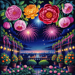 Vibrant balcony garden with colorful peonies, lush plants, and festive fireworks over a starry cityscape at night