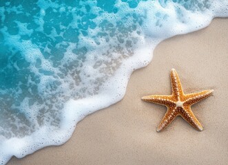 Soft ocean wave meets sandy beach with starfish