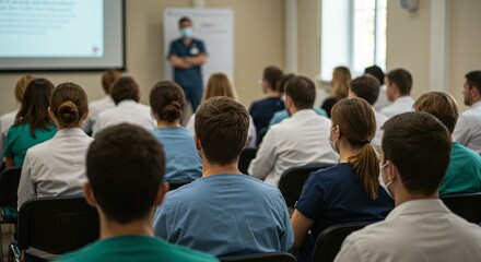 Medical professionals attend a lecture, with the speaker visible at the front wearing a protective mask.
