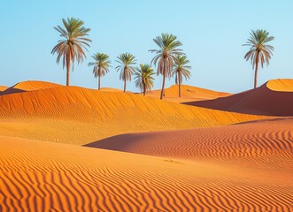 Golden desert dunes with palm trees under a clear blue sky