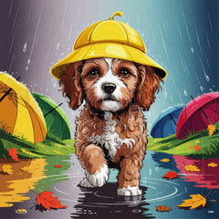 Adorable Puppy in Yellow Rain Hat Walking in Autumn Rain, Colorful Umbrellas and Fall Leaves, Cute Dog Illustration Art