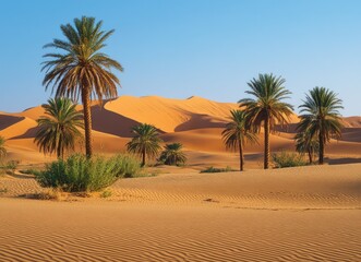 Desert oasis with palm trees and sand dunes under blue sky
