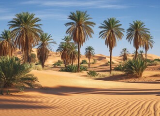Sun-drenched desert oasis with palm trees