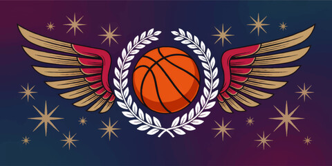 Creative Basketball Emblem with Wings and Laurel on Starry Gradient Background – Sports Victory Concept Illustration
