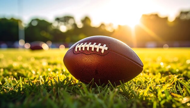 Closeup of American Football on Grass with Sunlight and Green Background. - Powered by Adobe