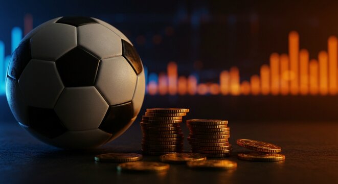 A soccer ball and stacks of coins against a background of financial charts hinting at soccer gambling.