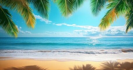 Sunny beach with palm fronds framing blue ocean