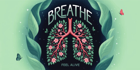 Lungs Made of Flowers and Leaves with Text Breathe Feel Alive – Nature, Wellness, Health and Mindfulness Concept Illustration