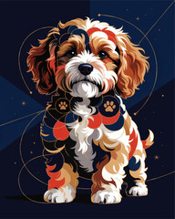 Adorable Abstract Dog Illustration in Modern Geometric Style with Colorful Patterns and Cosmic Background for Pet Art and Design