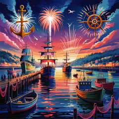 Vibrant Harbor Festival at Sunset with Colorful Sailing Ships, Fireworks, Nautical Anchors, and Steering Wheel Illustration