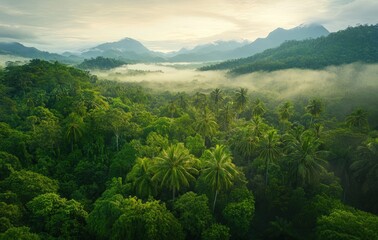 Lush tropical rainforest canopy shrouded in morning mist