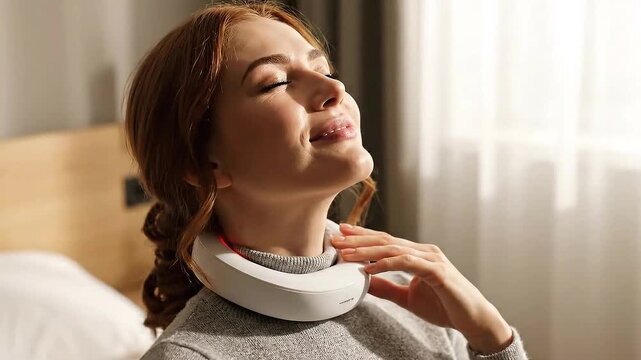 Relaxed Woman Experiencing Neck Pain Relief Using Electric Massager Device in Bedroom with Natural Lighting and Gray Sweater Against Blurred Background Aiding Muscle Relaxation and Improved Comfort