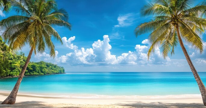 Tropical beach with palm trees, turquoise water, clear sky