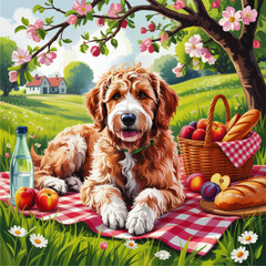 Cute Fluffy Dog Relaxing at Picnic in Blossom Orchard with Basket of Fruit and Bread, Spring Landscape Illustration