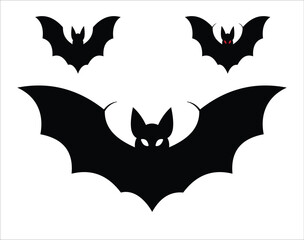 Stylized black bat vector silhouette with pointed wings and glowing eyes.