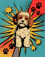 Cute Puppy in Colorful Pop Art Comic Style with Paw Prints and Cartoon Explosion on Blue and Red Background
