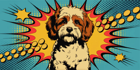 Cute Cartoon Dog in Retro Pop Art Comic Style – Vibrant Blue and Yellow Background with Colorful Abstract Bursts