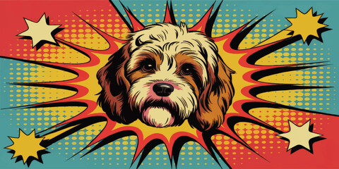 Adorable Dog Pop Art Illustration – Comic Book Style Canine Portrait with Colorful Explosive Halftone Background