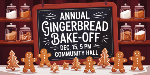 Festive Annual Gingerbread Bake-Off Event Poster with Cute Cookies, Chalkboard Sign and Holiday Baking Ingredients Illustration