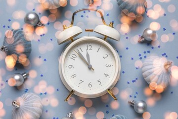 Composition with alarm clock and decorations on grey background. Christmas countdown concept