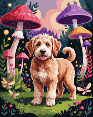 Cute Fluffy Dog in Magical Fantasy Forest with Colorful Mushrooms, Whimsical Nature Scene, Fairy Tale Illustration