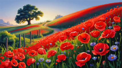 Vibrant Summer Landscape with Blooming Red Poppies, Wildflowers, and Majestic Oak Tree at Sunrise in a Lush Countryside Field
