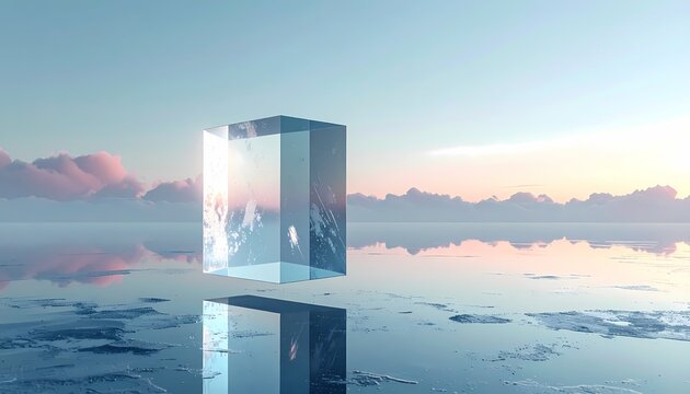 Abstract Glass Cube Floating Above Reflective Water Surface at Sunset.