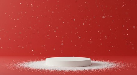 Winter product display stage with snow falling in a red background. Showcase for winter promotions.