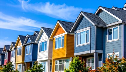 Colorful Townhomes Under Blue Sky Real Estate with Housing, Homeownership, and and Community.