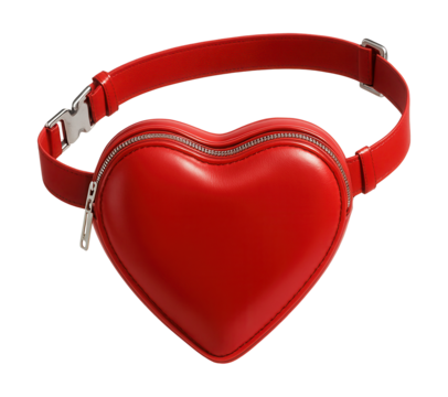 Red heart-shaped waist pouch featuring a removable strap and metallic zipper.
