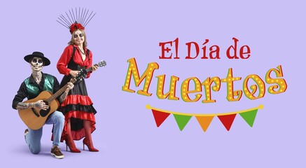 Young couple with painted skulls on faces playing guitars against lilac background. Banner for Mexico's Day of the Dead (El Dia de Muertos)