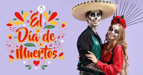 Young couple with painted skulls on faces against lilac background. Banner for Mexico's Day of the Dead (El Dia de Muertos)