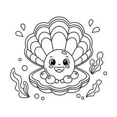 A cartoon pearl sits in an open seashell surrounded by seaweed and bubbles