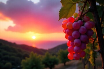 Aegean Island Grapes Harvest Golden Autumn Sunset A close up shot of plump, ripe grapes hanging from a vine, illuminated by the warm, golden light of an autumn sunset. The background shows blurred