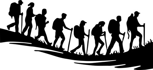 silhouette of a group of people walking on an adventure vector