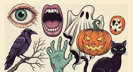 Obraz premium Spooky Halloween Illustration with classic horror icons for festive celebrations