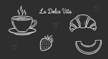 Chalkboard illustration representing Italian breakfast: La Dolce Vita concept
