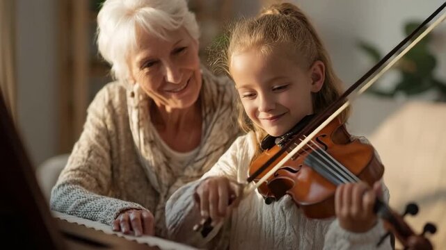 Generative AI. Elderly woman and young girl joyfully playing violin together in a cozy living room, surrounded by warm lighting and musical instruments, sharing a beautiful musical moment