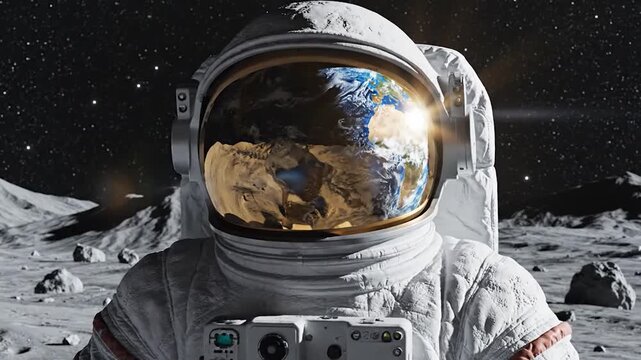 Astronaut standing on moon surface with earth reflected in visor space exploration concept