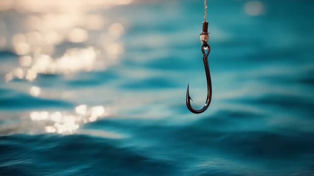 Generative AI. Fishing hook suspended above tranquil water surface, reflecting sunlight, showcasing the art of angling and the beauty of nature in a serene aquatic environment