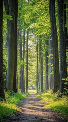 Obraz premium Sunlit Forest Path Amidst Tall Trees and Lush Greenery