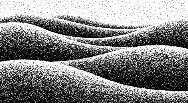 Abstract stippled dunes landscape illustration in black and white style