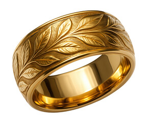 Wide gold band with a pattern of engraved leaves.