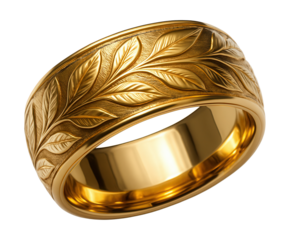 Wide gold band with a pattern of engraved leaves.