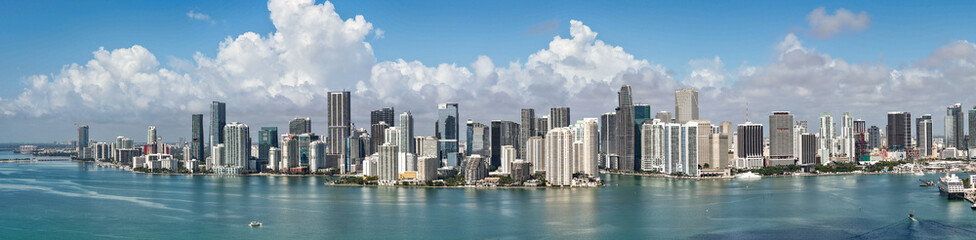Fototapeta premium Aerial view of Brickell skyline. Panoramic cityscape of Brickell Miami. Skyscrapers of Brickell. Business towers in Miami.