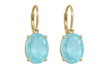 Gold earrings featuring sparkling aquamarine gemstones on transparent background