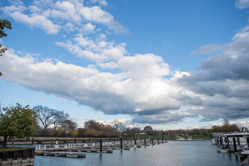 Fototapeta premium Yacht club. Marina in Chicago. Private docks. Boat marina with pier by. Summer vacation. Pier sock for yacht and boat in bay. Harbor at city